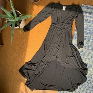 Black Plunge V Hi-Lo Dress with Sleeves
